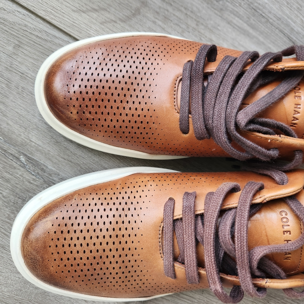 Cole Haan Grand Brown Leather Sneakers with Perforated Design, 9.5